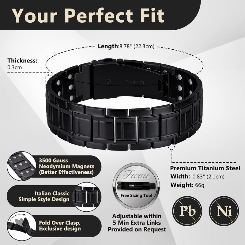 Feraco Magnetic Bracelets for Men, Titanium Steel Bracelets with 3X Ultra Strenth Neodymium Magnets, Adjustable Health Gift (Black) - Image 2